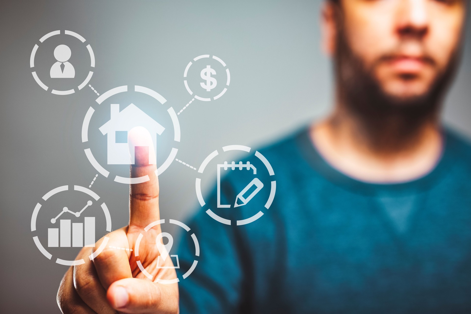 real estate concept, property value diagram, with a man in background touching a button, buy a house